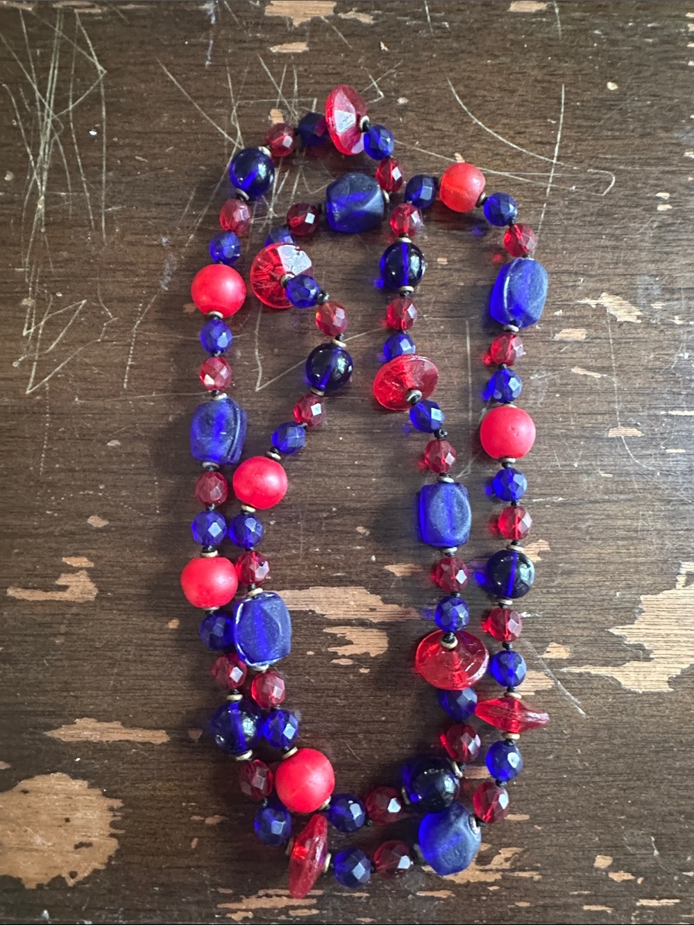 32”  30s or older heavy stone & glass hand made beads brass lined